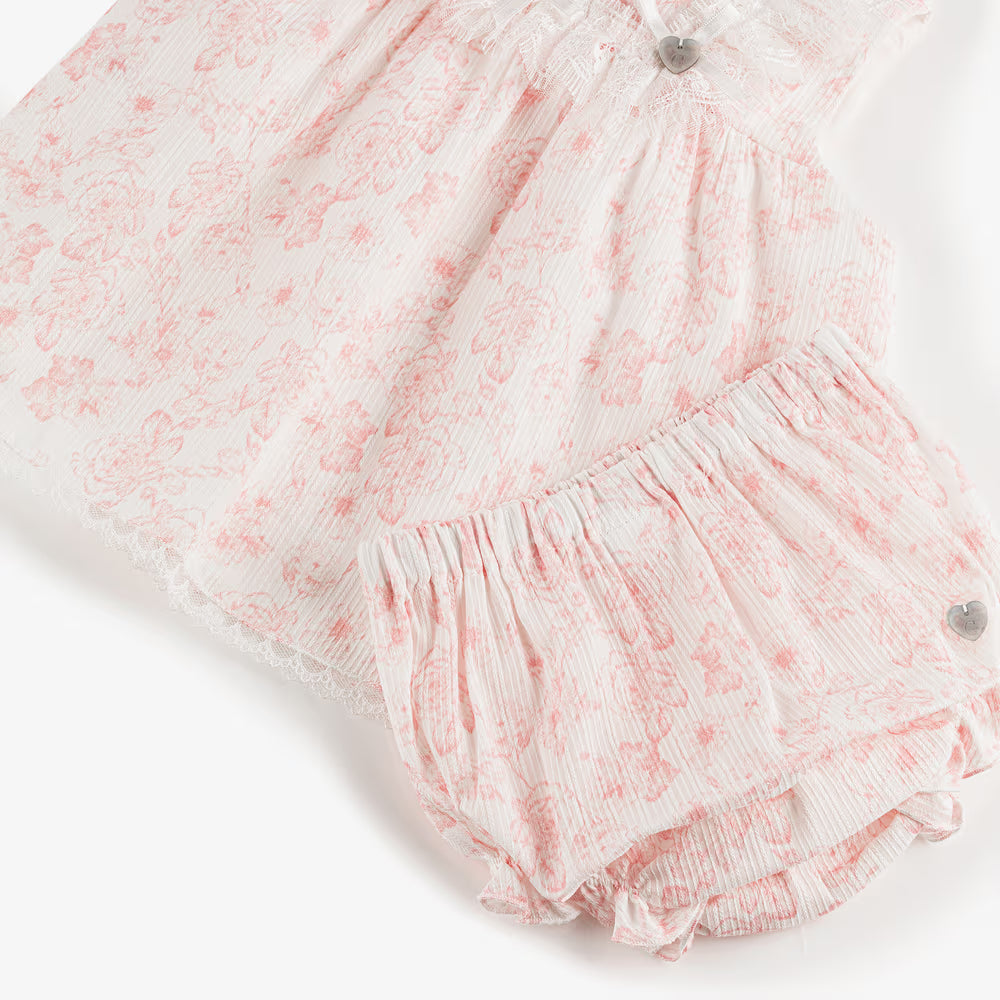 Pink Cotton Floral Dress Set with Lace Trims