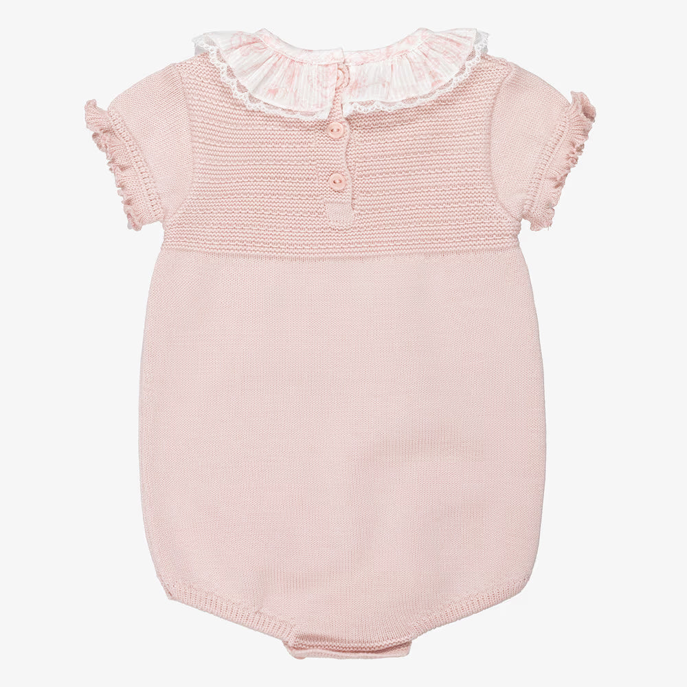 Pink Knitted Shortie Romper with Lace Trim Collar