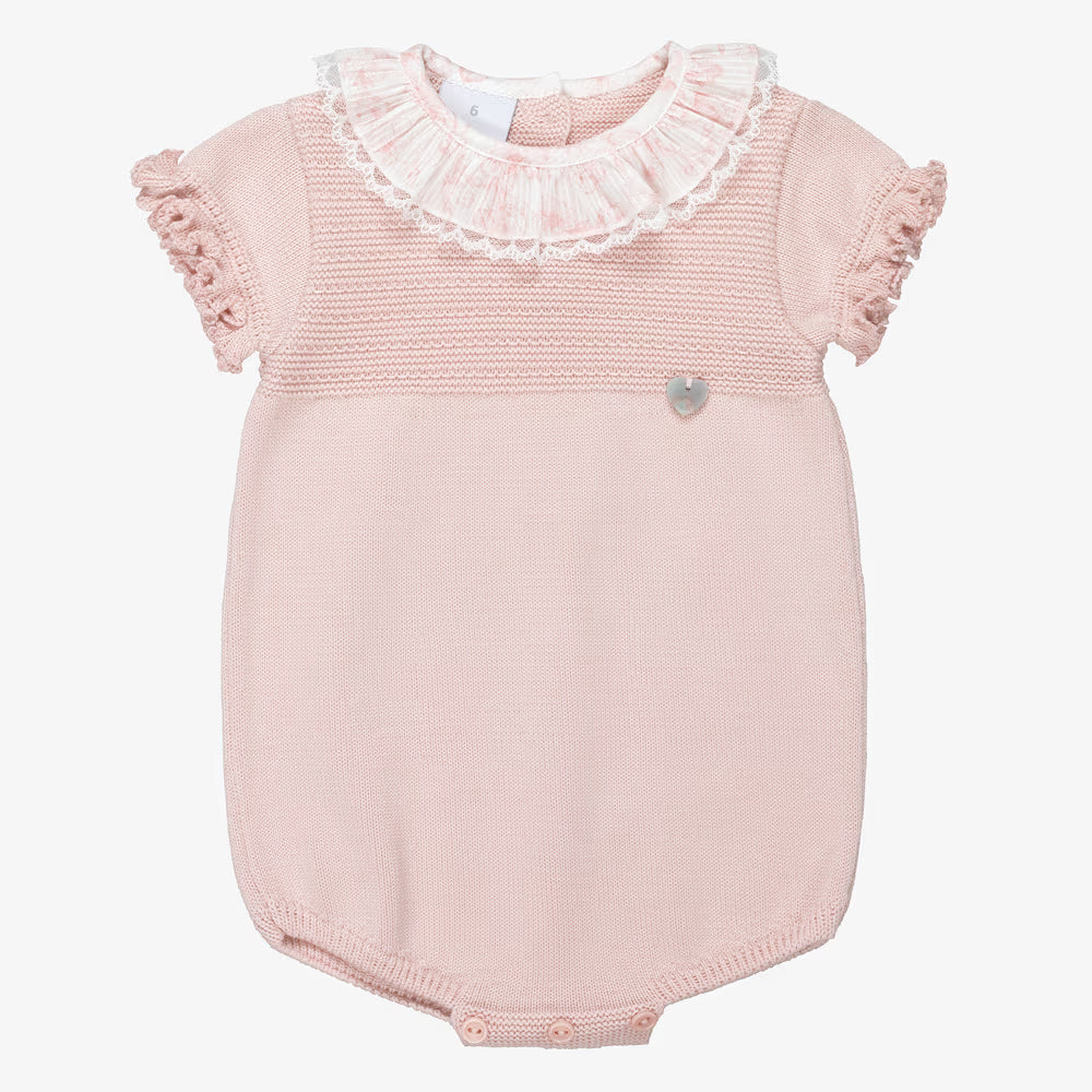 Pink Knitted Shortie Romper with Lace Trim Collar