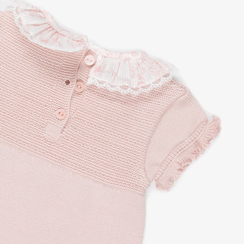 Pink Knitted Shortie Romper with Lace Trim Collar