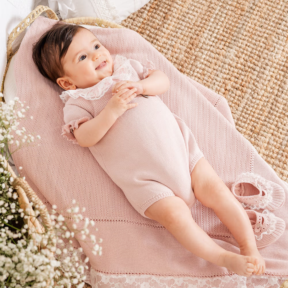 Pink Knitted Shortie Romper with Lace Trim Collar