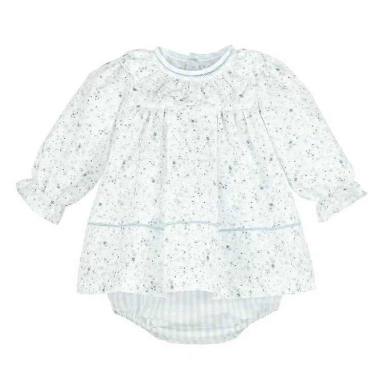 Sophie & Lucas Girls Blue Flurries Floral Scallop Ruffle Dress - Bow on Back