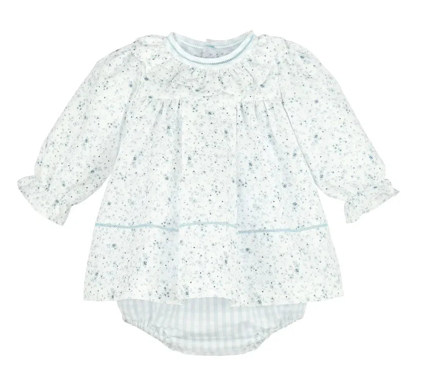 Sophie & Lucas Girls Blue Flurries Floral Scallop Ruffle Dress - Bow on Back