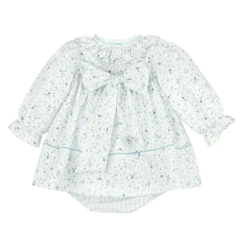Sophie & Lucas Girls Blue Flurries Floral Scallop Ruffle Dress - Bow on Back