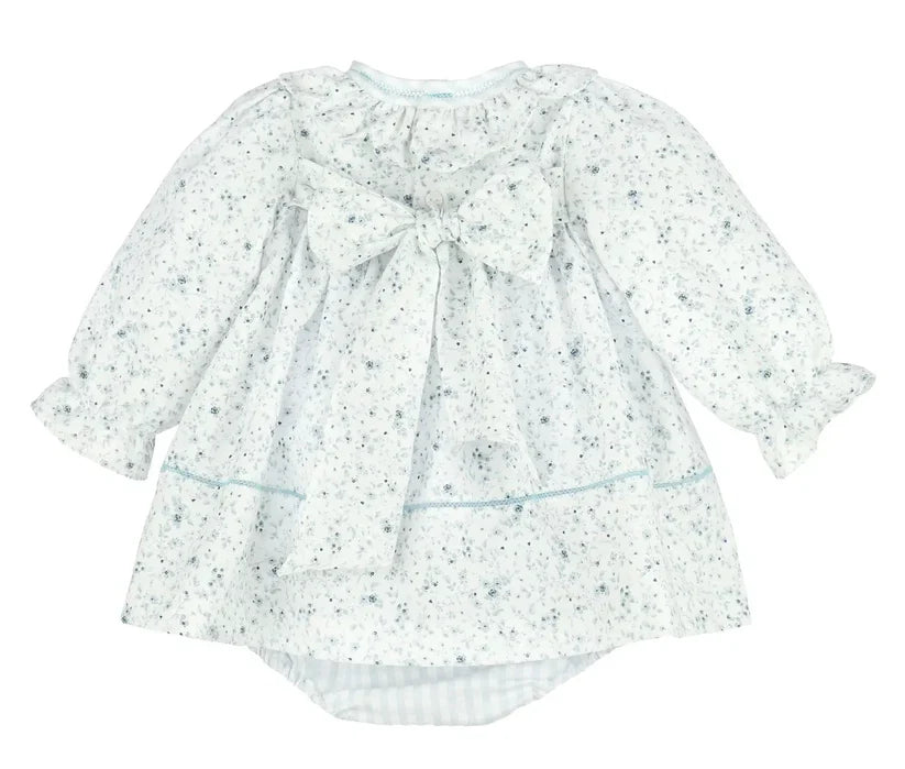Sophie & Lucas Girls Blue Flurries Floral Scallop Ruffle Dress - Bow on Back
