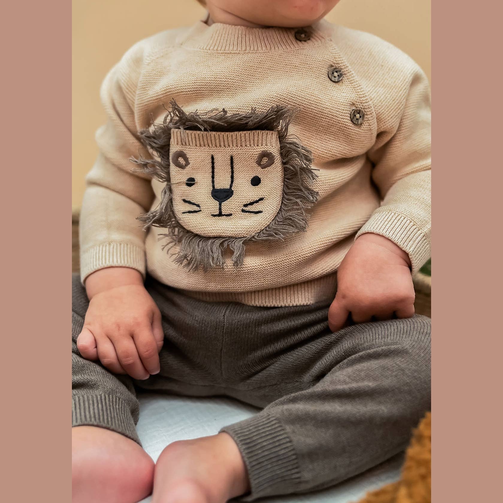 Lion Appliqué Oat Knit Baby Sweater and Pants Set