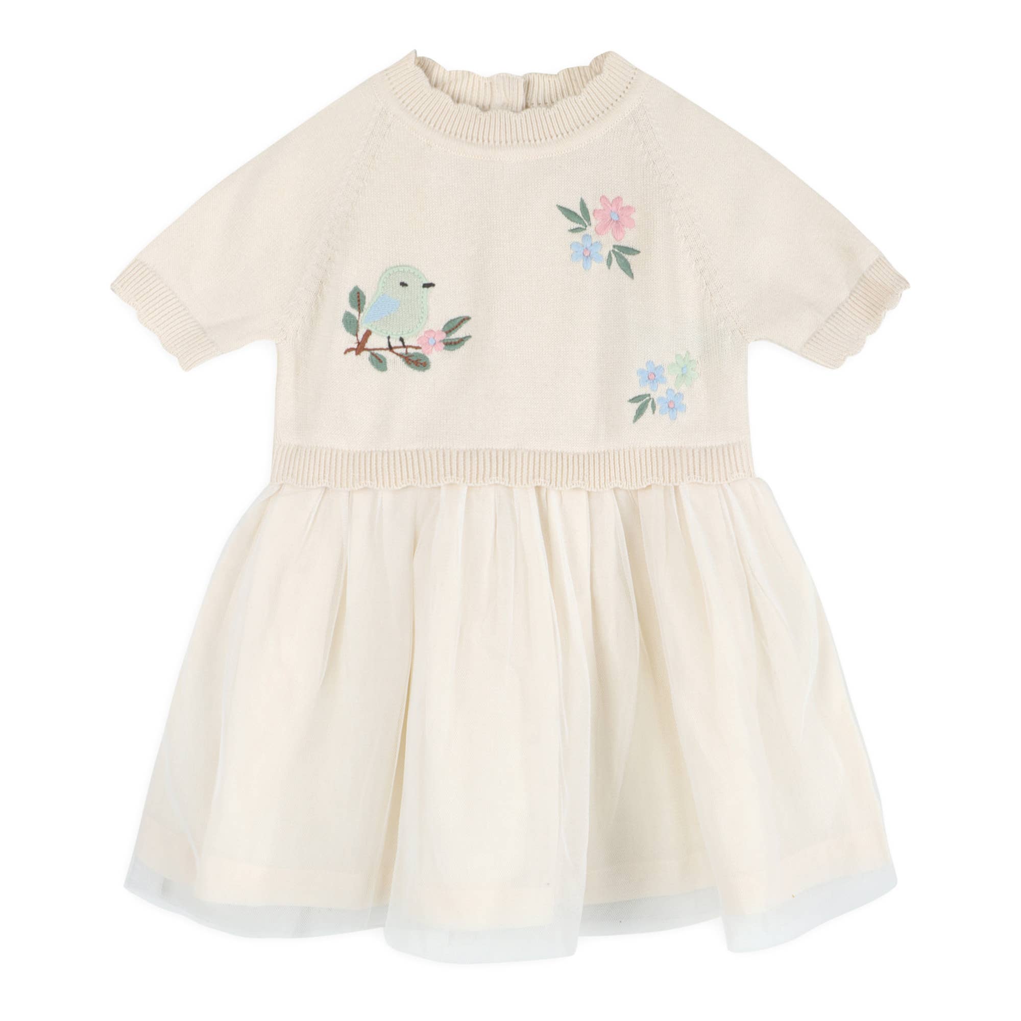 Natural Bird Floral Embroidered Tutu Knit Baby Dress