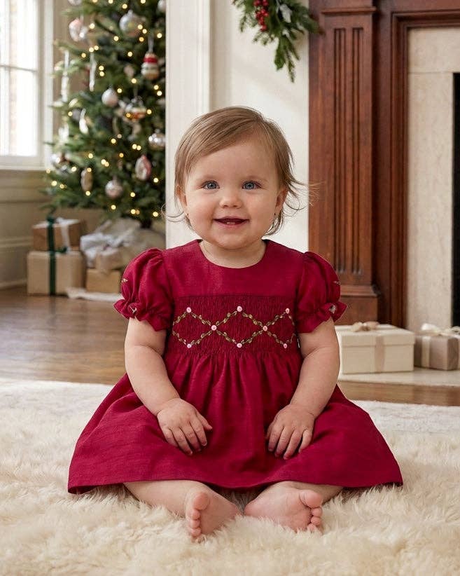 Floral Smocked Silk Red Short Sleeve Baby Girl Dress: 6M
