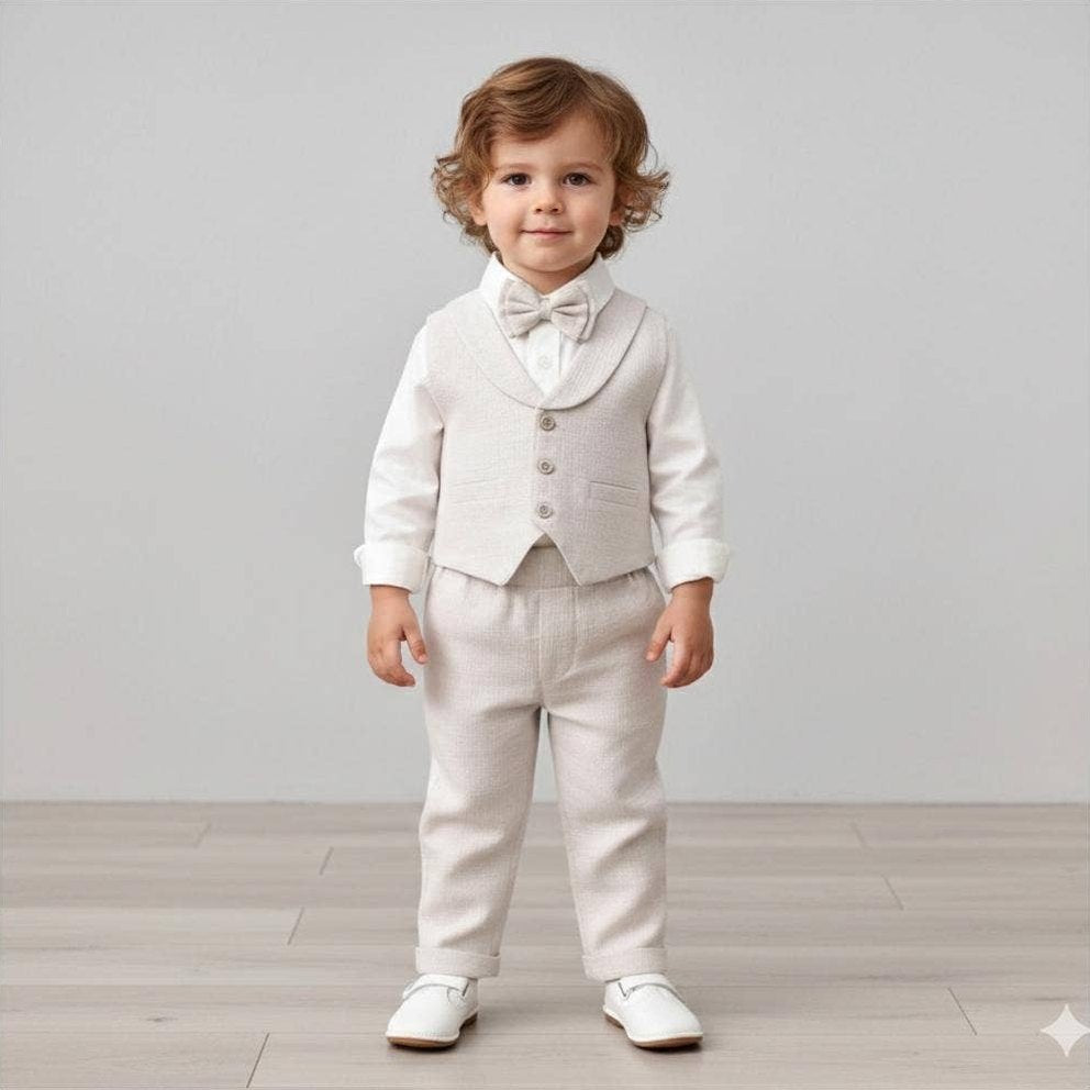 Baby Boy Muslin Outfit Set – 4 Piece Formal Suit with Shirt