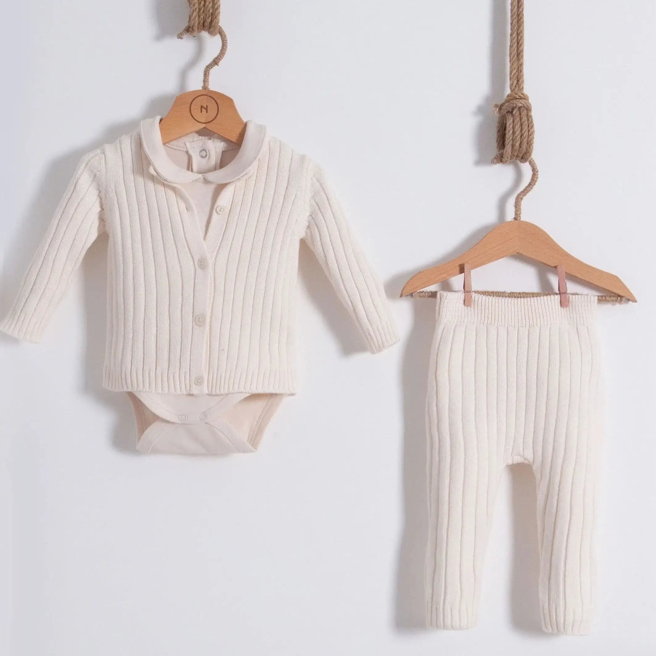 3-Piece Baby Boy Knit Set – Fine Knit Cotton Off-White