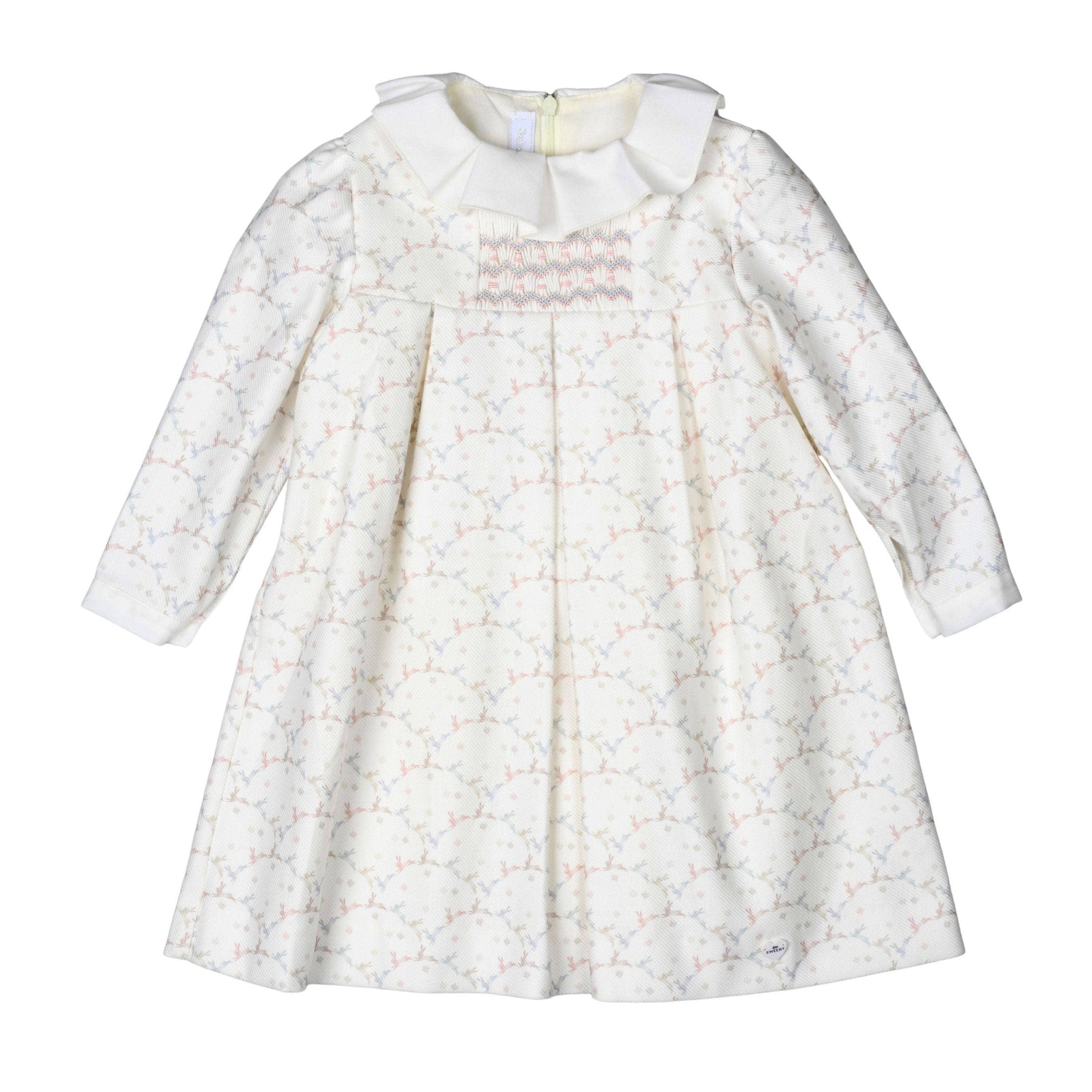 Elegant Baby Girl Dress – White Long Sleeve with Smocking & Embroidered Details