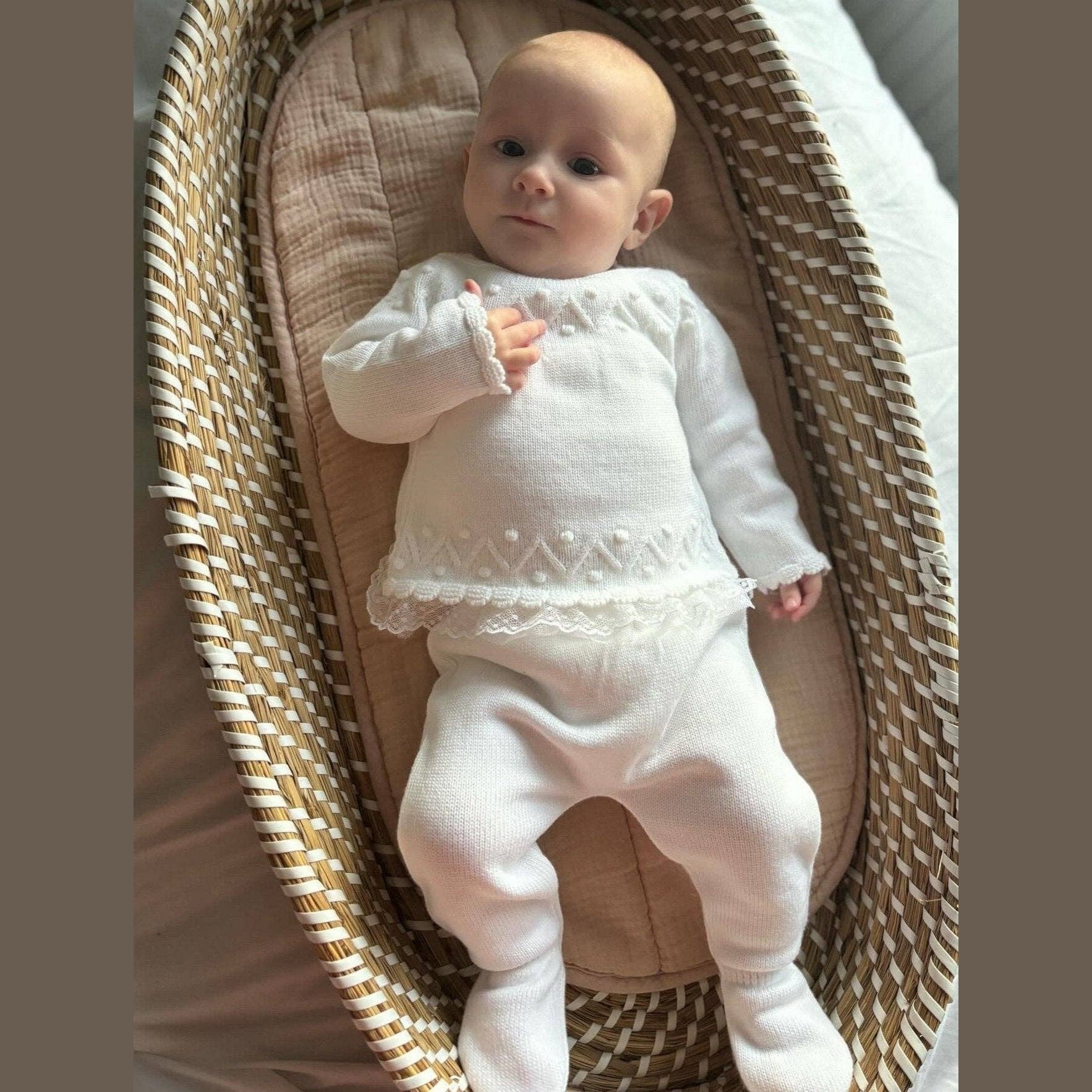White Baby Knit Outfit Set – Long Sleeve Sweater & Footed Pants with Lace Trim