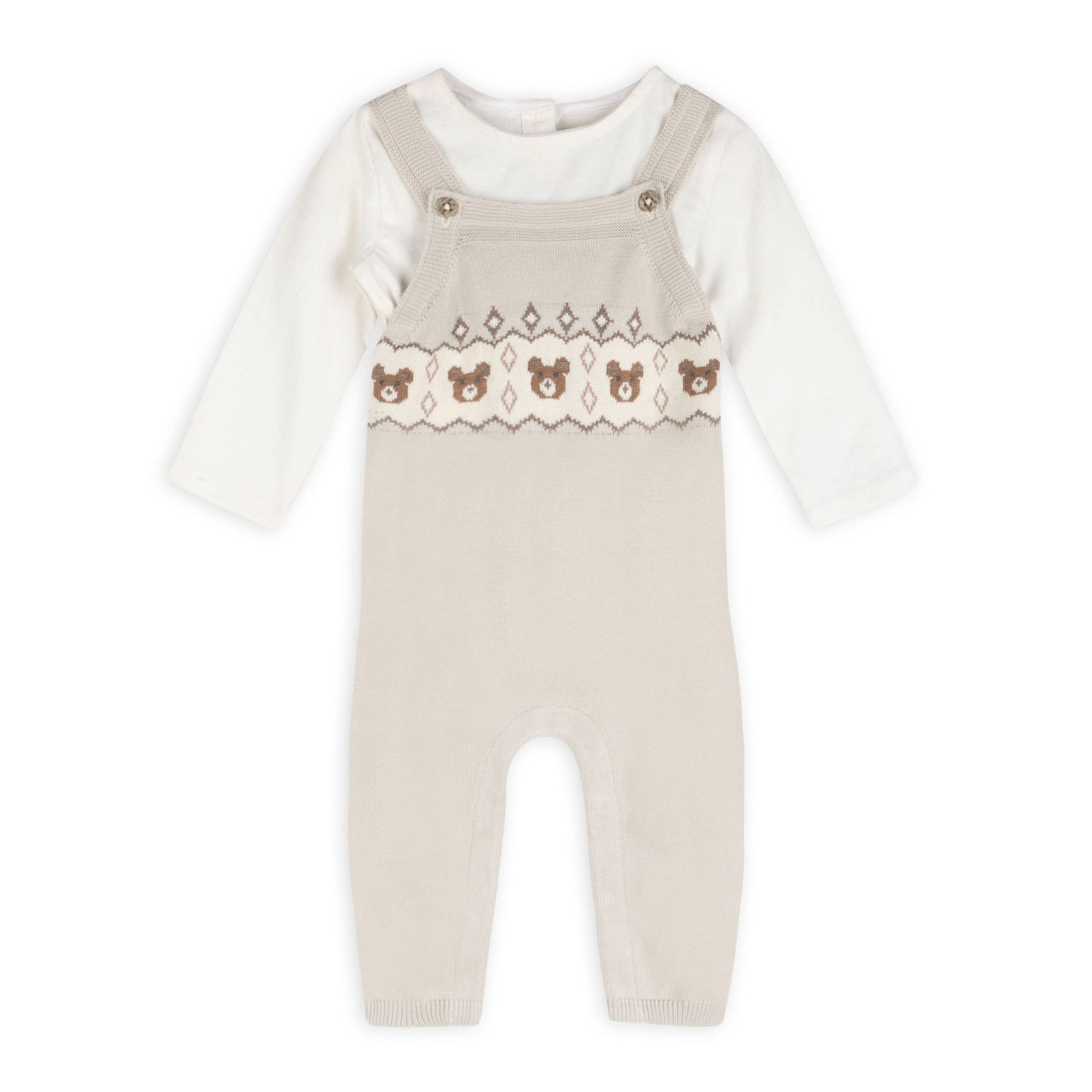 Bear Fair Isle Knit Baby Overall Set – Stone