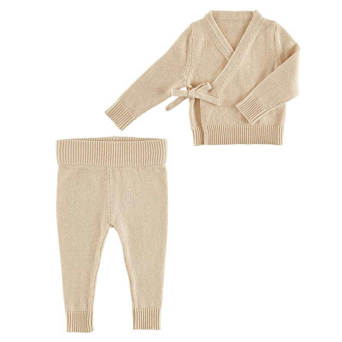 Two-Piece Knit Wrap Set - Oat: Hand Wash Cold. Do Not Bleach. Dry Flat. Do Not Iron. / 100 % Cotton Knit / 3-6M