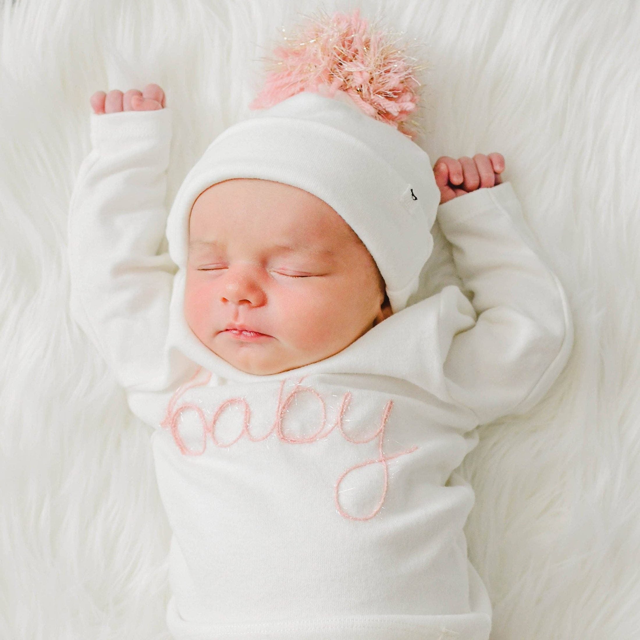 White Knit Beanie with Sparkly Pink Pom