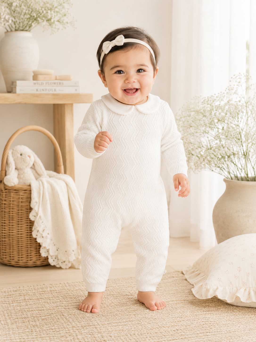 Dove White Knit Peter Pan Chevron Baby Jumpsuit (Organic): Dove Whte / 6-12