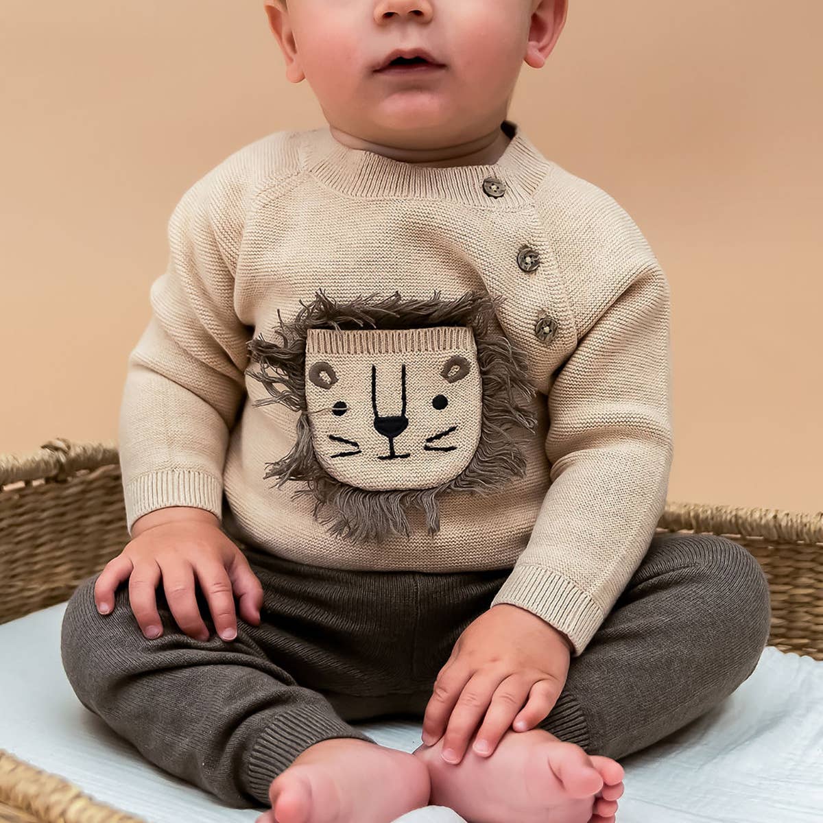 Lion Appliqué Oat Knit Baby Sweater and Pants Set