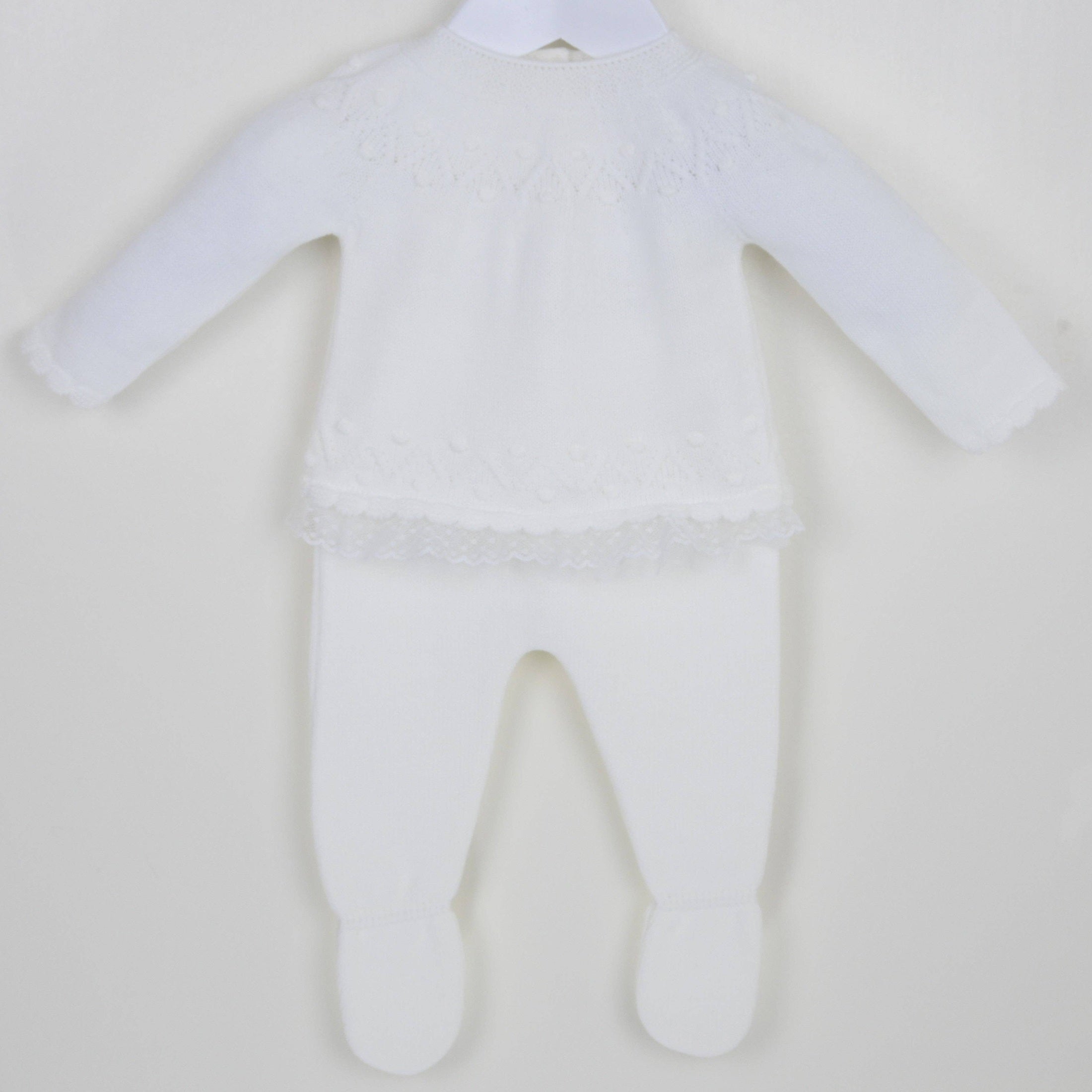 White Baby Knit Outfit Set – Long Sleeve Sweater & Footed Pants with Lace Trim